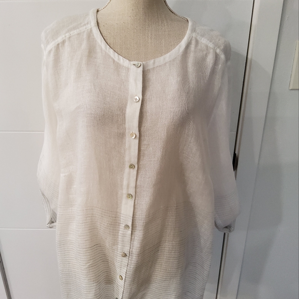 Eileen Fisher Linen White Silver Striped Button-Up Blouse Size 2X - Picture 3 of 12